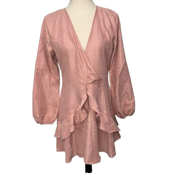SHEIN Solid Pink Ruffle Wrap Dress Long Balloon Sleeves V-Neck Layers Size XL - Picture 2 of 11